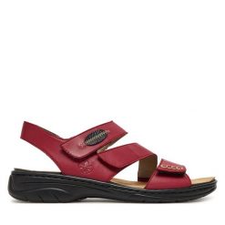 Sandały Rieker. Czerwone sandały damskie Rieker, bez wzorów, bez obcasa, na płaskiej podeszwie. Za 229.99 zł.