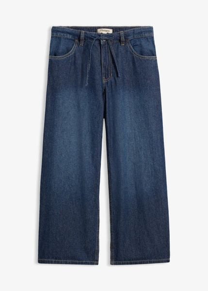 Jeansy z szerokimi nogawkami, cropped. Niebieskie jeansy damskie bonprix. Za 147.99 zł.
