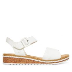 Sandały Rieker. Białe sandały damskie Rieker, bez wzorów, bez obcasa, na płaskiej podeszwie. Za 289.99 zł.