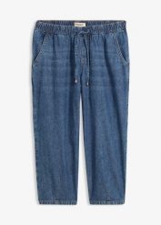 Jeansy barrel, mid waist, cropped. Niebieskie jeansy damskie bonprix. Za 79.99 zł.