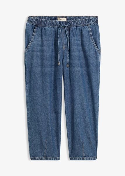 Jeansy barrel, mid waist, cropped. Niebieskie jeansy damskie bonprix. Za 79.99 zł.