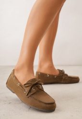 Ciemnobeżowe Mokasyny VICES ze Skórzaną Wkładką Ozdobione Wiązaniem Pireronei. Brązowe mokasyny damskie Born2be, z materiału. Za 99.99 zł.