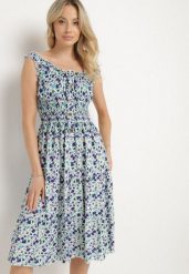 Biało-Niebieska Sukienka Bawełniana Rozkloszowana w Kwiaty z Guzikami Ronzea. Białe sukienki damskie Born2be, na spacer, na lato, l, bez wzorów, z bawełny, eleganckie, bez kołnierzyka, bez ramiączek, midi, rozkloszowane. W wyprzedaży za 43.99 zł.