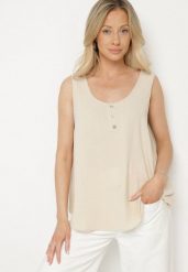 Beżowy Top na Szerokich Ramiączkach Zdobiony Guzikami Jenadorea. Brązowe topy damskie Born2be, xl, z aplikacjami, z jeansu, bez kołnierzyka. Za 39.99 zł.