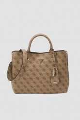 GUESS Brązowa torebka damska logowana Meridian. Brązowe torebki klasyczne damskie Guess, z aplikacjami, ze skóry ekologicznej, bez dodatków. W wyprzedaży za 529.99 zł.