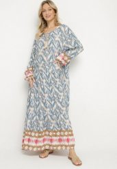 Niebieska Sukienka Rozkloszowana z Ozdobnym Wiązaniem w Boho Wzór Erainea. Niebieskie sukienki damskie Born2be, na co dzień, l, z aplikacjami, z jeansu, boho, bez kołnierzyka, bez ramiączek, maxi, proste. W wyprzedaży za 71.99 zł.