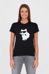 KARL LAGERFELD Czarny t-shirt z kotem. Czarne t-shirty damskie Karl Lagerfeld, s, bez wzorów, bez kołnierzyka. W wyprzedaży za 197.99 zł.