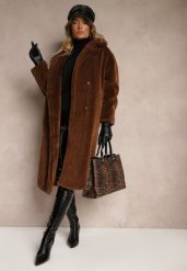 Brązowy Dwurzędowy Płaszcz z Futerkiem Zelirra. Brązowe płaszcze damskie Renee, xl, bez wzorów, z dzianiny, eleganckie. Za 119.99 zł.