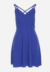 Niebieska Rozkloszowana Sukienka z Ozdobnymi Paskami Redaina. Niebieskie sukienki damskie Born2be, l, bez wzorów, eleganckie, bez kołnierzyka, bez ramiączek, mini, rozkloszowane. Za 69.99 zł.