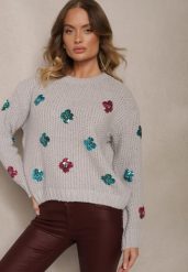 Jasnoszary Sweter z Wiskozą Zdobiony Cekinowymi Aplikacjami z Kwiatami Edalora. Szare swetry klasyczne damskie Renee, l, z jeansu, bez kołnierzyka. Za 84.99 zł.