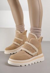 Ciemnobeżowe Śniegowce Ozdobione Futerkiem i Przeszyciami Newelara. Brązowe śniegowce damskie Renee, z jeansu. Za 109.99 zł.