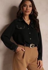 Czarna Koszula Zdobiona Biżuteryjnymi Guzikami i Tasiemkami Tosur. Czarne koszule damskie Renee, m, z aplikacjami, eleganckie, bez kołnierzyka, bez ramiączek. Za 119.99 zł.