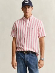 Gant Męska koszula z krótkim rękawem z lnu Mężczyźni Regular Fit Bawełna różowy, M. Czerwone koszule męskie Gant, na lato, m, bez wzorów, z bawełny, bez kołnierzyka, bez ramiączek. Za 549.95 zł.