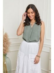 Le Monde du Lin Lniany top w kolorze zielonym rozmiar: 34/36. Zielone topy damskie Le Monde du Lin, bez wzorów, ze lnu, bez kołnierzyka. Za 108.99 zł.