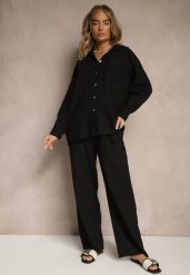 Czarny Komplet z Lnem Koszula i Spodnie o Szerokim Kroju Renavine. Czarne koszule damskie Renee, bez wzorów, z materiału, eleganckie. Za 149.99 zł.