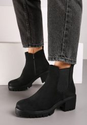 Czarne Botki na Słupku Rona. Czarne botki damskie Born2be, z jeansu, eleganckie, bez obcasa, na obcasie, bez zapięcia. Za 139.99 zł.