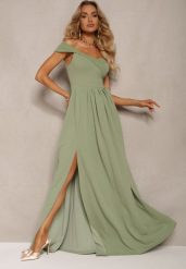 Jasnozielona Elegancka Długa Sukienka Hiszpanka Wykończona Rozcięciem na Dole Idelia. Zielone sukienki damskie Renee, na lato, l, bez wzorów, z materiału, eleganckie, bez kołnierzyka, bez ramiączek, maxi. W wyprzedaży za 146.99 zł.