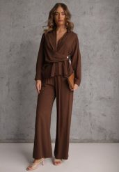 Brązowy Komplet z Wiskozy Spodnie Szerokie i Koszula z Ozdobnym Materiałem Airial. Brązowe koszule damskie Renee, bez wzorów, z wiskozy. Za 159.99 zł.