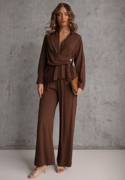 Brązowy Komplet z Wiskozy Spodnie Szerokie i Koszula z Ozdobnym Materiałem Airial. Brązowe koszule damskie Renee, l, bez wzorów, z wiskozy, bez kołnierzyka, bez ramiączek. Za 149.99 zł.