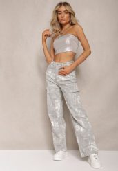 Jasnoszare Jeansy High Waist z Designerskim Wzorem z Szerokimi Nogawkami Joltta. Szare jeansy damskie Renee, z podwyższonym stanem. Za 129.99 zł.