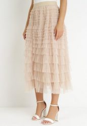 Beżowa Rozkloszowana Spódnica Maxi z Falbankami z Tiulu Davena. Brązowe spódniczki damskie Born2be, m, z aplikacjami, z tiulu, maxi, rozkloszowane. Za 149.99 zł.