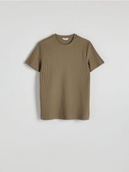 T-shirt regular w prążek - brązowy. Brązowe t-shirty męskie Reserved, l, bez wzorów, z bawełny, bez kołnierzyka. W wyprzedaży za 49.99 zł.