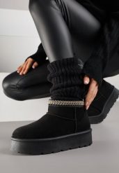 Czarne Śniegowce na Grubej Podeszwie Zdobione Haftem Sewnella. Czarne śniegowce damskie Born2be, z jeansu. Za 69.99 zł.