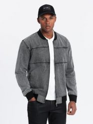 Męska kurtka jeansowa bomberka z efektem stone wash – szara V1 OM-JADJ-0163 - XXL. Szare kurtki męskie Ombre Clothing, l, bez wzorów, z bawełny, klasyczne, bez kaptura. Za 179.99 zł.