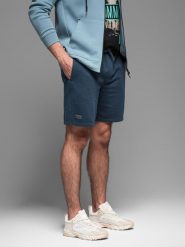 Krótkie spodenki dresowe męskie RELAXED FIT w stylu athleisure – granatowe V4 OM-SRWS-0122 - XXL. Niebieskie szorty męskie Ombre Clothing, z bawełny, bez kołnierzyka. W wyprzedaży za 59.99 zł.