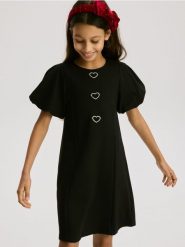 Sukienka z bufiastymi rękawami - czarny. Czarne sukienki dziewczęce Reserved, bez wzorów, z dzianiny, bez ramiączek. Za 109.99 zł.