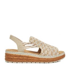 Sandały Rieker. Brązowe sandały damskie Rieker, bez wzorów, bez obcasa, na koturnie. Za 319.99 zł.