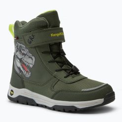 Śniegowce juniorskie KangaROOS K-MJ Edison EV RTX SL tta dino. Zielone buty zimowe męskie Kangaroos, na zimę, bez zapięcia. Za 209.99 zł.