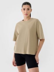 4F T-shirt regular z waflowej dzianiny damski - beżowy XS. Brązowe t-shirty damskie 4f, xs, bez wzorów, z bawełny, bez kołnierzyka. W wyprzedaży za 49.99 zł.