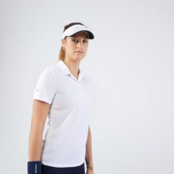 Koszulka polo tenisowa damska Artengo Dry Essential 100. Białe bluzki damskie ARTENGO, xs, bez wzorów, z materiału, klasyczne, bez kołnierzyka, bez ramiączek. Za 29.99 zł.