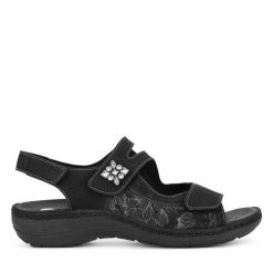 Sandały Remonte. Czarne sandały damskie Remonte, bez wzorów, bez obcasa, na słupku. Za 379.99 zł.