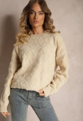 Beżowy Luźny Sweter o Pudełkowym Kroju i Tłoczonym Splocie ze Ściągaczami Elomara. Brązowe swetry klasyczne damskie Renee, z jeansu, bez kołnierzyka. Za 139.99 zł.