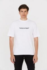 BALENCIAGA Męski biały t-shirt z czarnym logo, Rozmiar S. Białe t-shirty męskie Balenciaga, m, bez wzorów, bez kołnierzyka. W wyprzedaży za 912.99 zł.