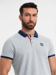 Męska koszulka polo z kolorowymi akcentami – szary melanż V1 OM-POSS-0105 - XXL. Szare koszulki polo męskie Ombre Clothing, l, z dzianiny, bez ramiączek. W wyprzedaży za 79.99 zł.
