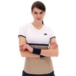 Koszulka tenisowa damska Lotto Tech V-D1 tee. Brązowe t-shirty damskie Lotto, bez wzorów, bez kołnierzyka. Za 239.00 zł.