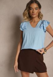 Niebieska Bluzka z Wiskozą i Falbankami Divama. Niebieskie bluzki damskie Renee, bez wzorów, z wiskozy, eleganckie, bez kołnierzyka, bez ramiączek. Za 44.99 zł.