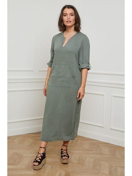 Curvy Lady Lniana sukienka w kolorze khaki rozmiar: 48/50. Brązowe sukienki damskie Curvy Lady, bez wzorów, ze lnu, klasyczne, bez kołnierzyka, bez ramiączek, maxi. Za 148.96 zł.