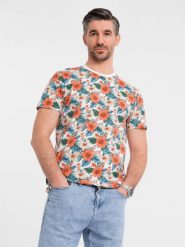 T-shirt męski bawełniany w kwiatowy wzór full print – biały V1 OM-TSFP-0249 - XXL. Białe t-shirty męskie Ombre Clothing, na lato, l, bez wzorów, z bawełny, bez kołnierzyka. W wyprzedaży za 39.99 zł.