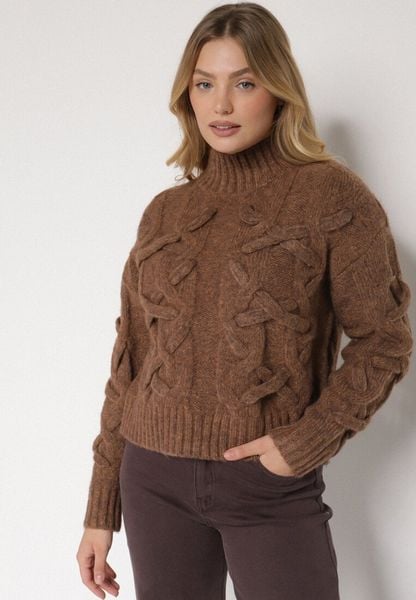 Brązowy Golf z Domieszką Wełny Zdobiony Oryginalnym Splotem Fedwira. Brązowe golfy damskie Born2be, uniwersalny, z aplikacjami, z jeansu, bez ramiączek. Za 159.99 zł.