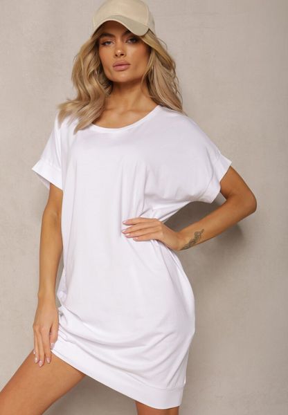 Biała T-shirtowa Sukienka Pudełkowa z Elastycznej Bawełny Ellensa. Białe sukienki damskie Renee, m, bez wzorów, z bawełny, wakacyjne, bez kołnierzyka, bez ramiączek, mini. Za 49.99 zł.