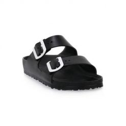 Klapki damskie Birkenstock Arizona Eva Calz S. Czarne klapki damskie Birkenstock, bez wzorów, z materiału, bez obcasa. Za 449.99 zł.