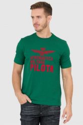 AERONAUTICA MILITARE Zielony t-shirt męski z aksamitnym logo. Zielone t-shirty męskie AERONAUTICA MILITARE, l, bez wzorów, bez kołnierzyka. W wyprzedaży za 169.99 zł.