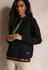 Czarna Bluza z Błyszczącymi Napisami i Cyrkoniami Faenora. Czarne bluzy bez kaptura damskie Renee, xs, z jeansu. Za 49.99 zł.