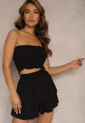 Czarny Komplet z Bawełny Elastyczny Top bez Rękawów Szorty z Falbankami i Gumką w Pasie Tessabel. Czarne szorty damskie Renee, bez wzorów, z bawełny. Za 54.99 zł.