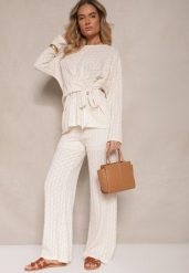 Beżowy Komplet Spodnie o Szerokim Kroju i Bluzka z Wiązaniem w Talii Dilinne. Brązowe spodnie materiałowe damskie Renee, bez wzorów, z jeansu, eleganckie. Za 139.99 zł.