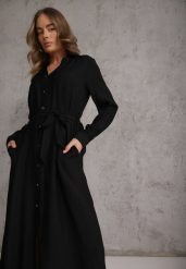 Czarna Sukienka z Wiskozą o Koszulowym Kroju z Wiązanym Paskiem Rissanni. Czarne sukienki damskie Renee, l, bez wzorów, z wiskozy, eleganckie, bez kołnierzyka, bez ramiączek, koszulowe. Za 119.99 zł.